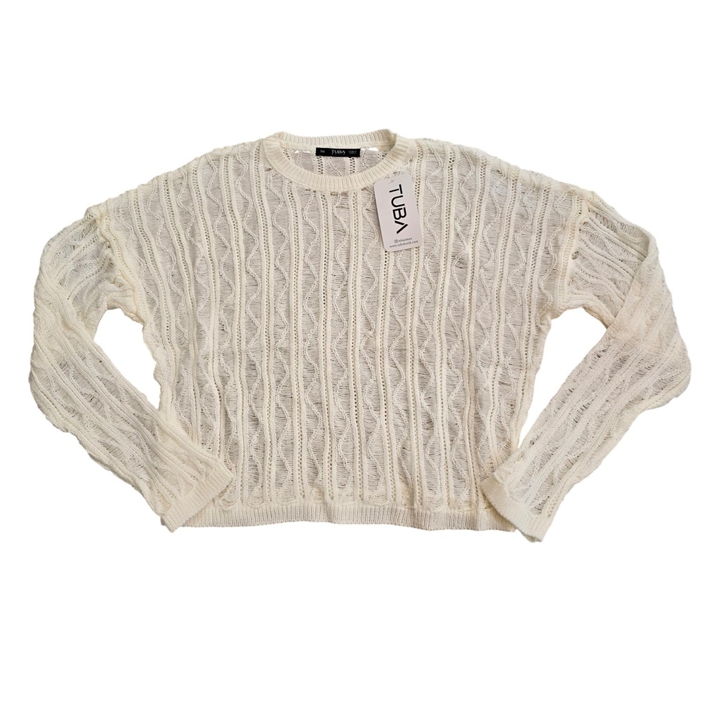 Tuba Butik Cream Open Knit Pointelle Cropped Sweater Women's Std Boho - Picture 3 of 11